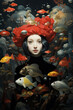 © tynza - Fantasy portrait of a girl in red hat in surrealistic environment surrounded by fish.
