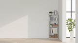 Fototapeta  - A modern, minimal office corridor features a shelf, a houseplant, a parquet floor, and a white wall.