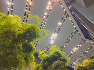 A modern interior with a green tree in the lobby. The office building or hotel follows a sustainable architecture that incorporates a real plant into the design. Naturally produced oxygen.