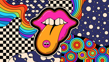 Psychedelic groovy smile with tongue and pill, coloring print.