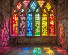 Sunlit Stained Glass Window Reflecting Ancient Myths A Riot Of Colors Against Stone