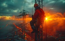 An Electrical Worker Climbing On An Electric Tower Fixing A Power Line In Sunset Scenery