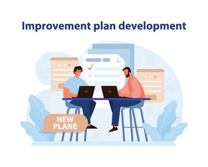 Poster - Benchmarking Plan Development Vector. Collaborative teamwork in action.