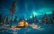The mesmerizing Northern Lights illuminating the Finnish Lapland's snowy landscape, with a cozy glass igloo under the aurora