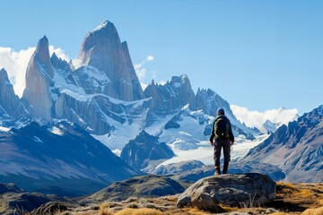 Poster - The rugged peaks of Patagonia rising majestically against a clear sky, with an adventurer gazing at the view