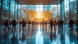 © lucky pics - Many business people walking in bright office lobby fast moving with blurry. Neural network generated image. Not based on any actual scene or pattern.