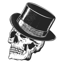 Hand Drawn Sketch Of Human Skull In Hat Cylinder. Black And White Vector Illustration Isolated On White Background. Vintage Engraving Of Scull For Print, Tattoo, Stickers.