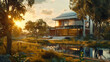 A panoramic view of a smart home bathed in golden sunlight, its solar panels reflecting the promise of renewable energy.