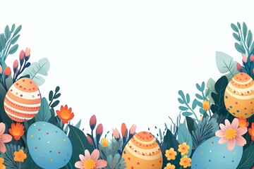 easter frame decorated with colourful easter eggs and flowers, digital illustration, Generative AI