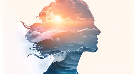 a captivating double exposure portrait that melds a woman’s profile with the serene beauty of a sun-