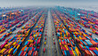 Aerial view of a vast container port filled with colorful shipping containers