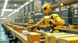 Industrial robots with yellow arms efficiently sorting packages on a modern assembly line.
