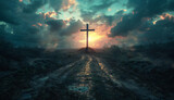 Fototapeta  - Recreation of a big cross in a wet road at sunset	