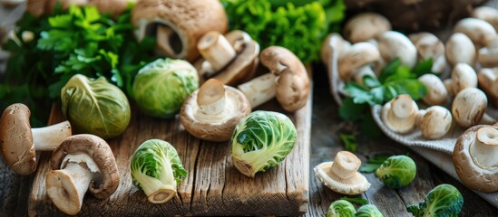 Canvas Print - A wooden cutting board is filled with an assortment of fresh mushrooms, showcasing their different shapes, sizes, and colors. The mushrooms are neatly arranged, offering a variety of textures and