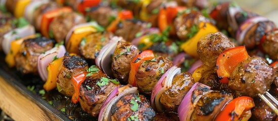 Canvas Print - The close-up view shows a skewer showcasing a colorful array of grilled meat and vegetables, perfectly cooked and ready to be enjoyed.