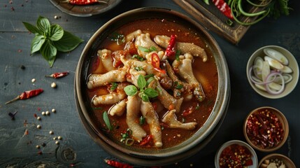 Wall Mural - Chicken feet soup, traditional Thai food Chicken feet soup that is hot and spicy.