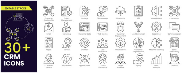 Customer relationship management CRM Editable Stroke icon set. Containing marketing, data, report, strategy, manager, audience and more. Editable Outline, line icons collection.