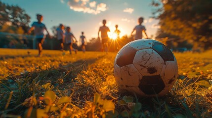 Silhouette action sport outdoors of a group of kids having fun playing soccer football in summer