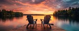 Fototapeta Sport - Two wooden chairs on a wood pier overlooking a lake at sunset