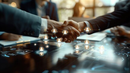 Businessmen shaking hands to sign employment agreement, social media hologram icons on table with documents