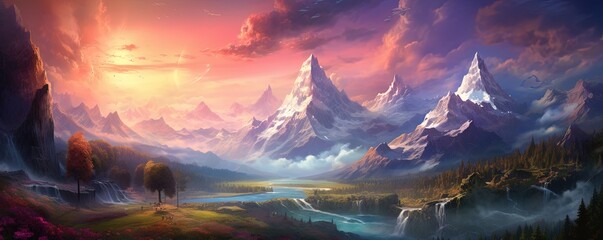 Poster - The majestic mountains stood tall against the vibrant sky, as the distant planet beckoned with its unknown allure, a landscape that evoked a sense of wonder and adventure