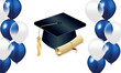 Congratulations on your graduation from school. Class of 2024. Graduation cap, confetti and balloons. Congratulatory banner. Academy of Education School of Learning