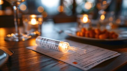 A close-up shot of an epinephrine auto-injector on a table, with a blurred background of a dining setting. This image illustrates the critical aspect of being prepared for an allergic reaction.