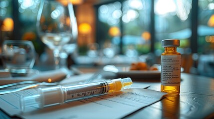 Wall Mural - A close-up shot of an epinephrine auto-injector on a table, with a blurred background of a dining setting. This image illustrates the critical aspect of being prepared for an allergic reaction.