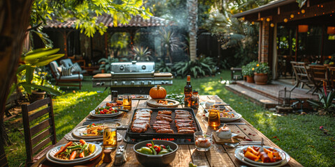 Sticker - Friends gather in the backyard for a summer barbecue, enjoying grilled meats and vegetables in nature's embrace.