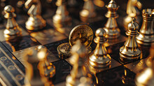 Golden Chess Pieces On A Chessboard. Close-up
