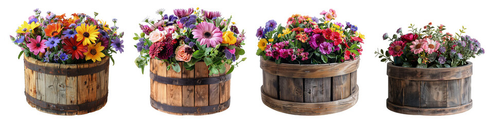 Wall Mural - Round wooden flower boxes isolated on white or transparent background generative 