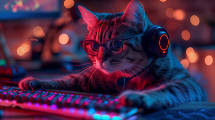 Cute Streamer Cat In Gaming Room Studio. Cat playing online video games and streaming during tournament.