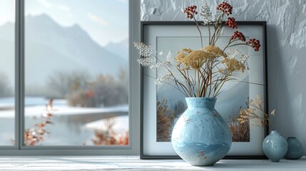 Poster - A delicate vase adorns a tall white window, resting on a white wooden table. A framed picture of a snowy landscape serves as the background.