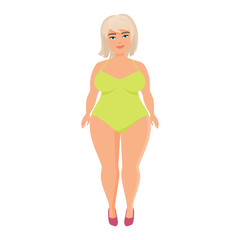 Happy chubby model, woman in green swimsuit and red shoes standing, plus size fashion vector illustration