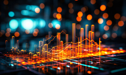 Poster - Futuristic financial chart with glowing neon lines on a dark background, symbolizing advanced stock market analytics and cyber data visualization