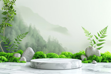 Wall Mural - 3d round concrete podium, White pedestal in room with mountain backdrop, perfect for showcasing luxury products, sculptures, artwork, or decor in a modern setting.