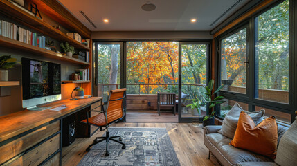 Canvas Print - Interior design of modern living room with orange armchair and bookcase, study room