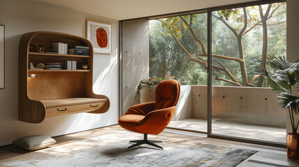 Poster - Interior design of modern living room with orange armchair and bookcase, study room