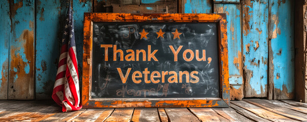 A heartfelt tribute to service members with a chalkboard bearing Thank You, Veterans beside the American flag on rustic wooden background
