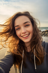 Wall Mural - Young beautiful woman taking selfie on seashore