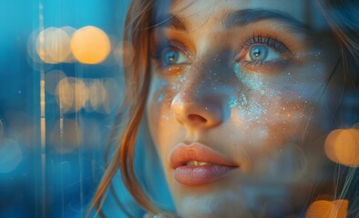 Poster - Close up portrait of beautiful young woman with blue eyes and bright makeup.