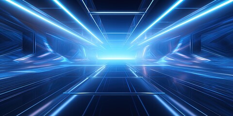 Poster - Blue futuristic sci-fi style corridor or shaft background with exit or goal ahead.Abstract cyber or digital speedway concept.