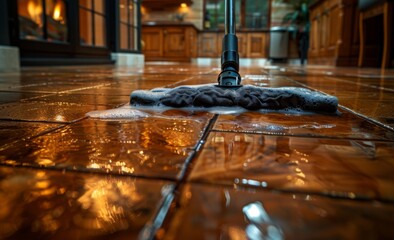 Floor cleaning with mob and cleanser foam. Cleaning tools on parquet floor 