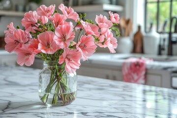 Wall Mural - fresh pink flowers on a white marble counter top