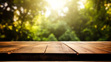 Fototapeta Sypialnia - Wooden table on blurred nature background.