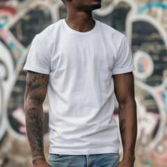 Poster - A man with a white t-shirt with no design stands in front of a graffiti wall