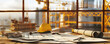 © jex - Construction blueprints and a yellow helmet placed against a construction site background, represent the concepts of construction planning and workplace safety.