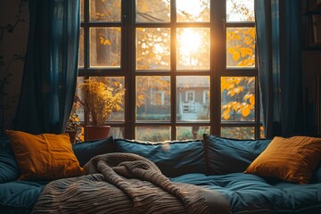 Poster - Cozy home interior. Comfortable pillows on the bed and a blanket on the windowsill.