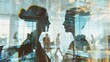 3D rendering of two businesswomen working together in a modern office on a new project Double Exposure Concept of Success