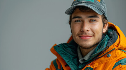 Wall Mural - Close-up portrait of a young man in an orange jacket and cap.